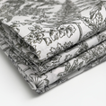 Bild in Galerie-Betrachter laden, Detailaufnahme eines ordentlich gefalteten Stoffstapels mit filigranem floralen Druck in Dunkelgrün auf naturweißem Untergrund – hochwertiger Naturstoff für zeitlose Wohntextilien im Stil von Fraeulein Matilda.