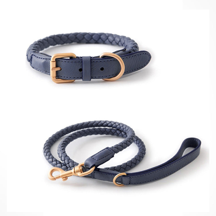 Lederhalsband & Leine geflochten Woad Blue