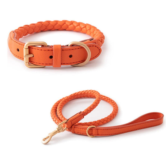 Lederhalsband & Leine geflochten Amber Orange