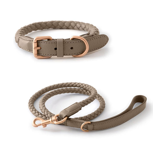 Lederhalsband & Leine geflochten Fog Gray