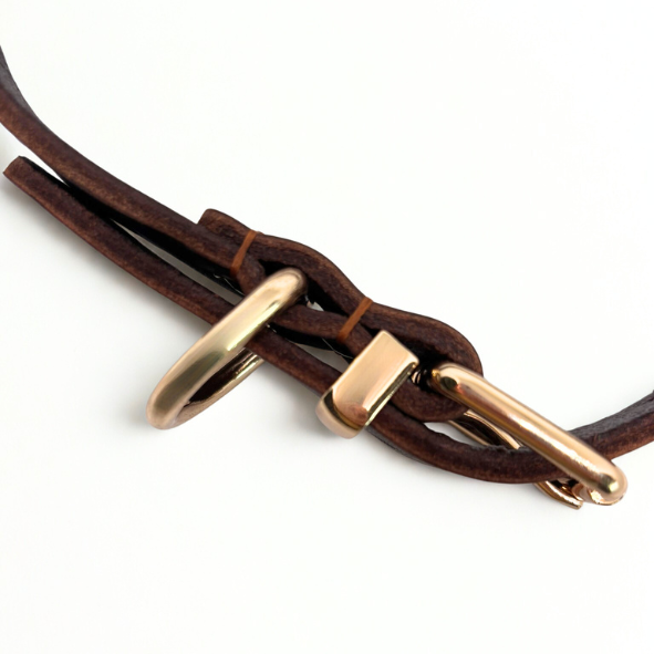 Detailaufnahme eines dunkelbraunen Echtleder-Hundehalsbands mit goldener Hardware, inklusive D-Ring, Schlaufe und Karabiner, auf weißem Hintergrund.