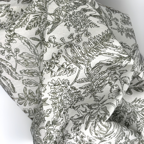 Leicht fallender Stoff in Naturweiß mit feinem botanischem Linienmuster in Olivgrün, Nahaufnahme in Bewegung – detailverliebtes Naturdesign für hochwertige Heimtextilien im stilvollen Look von Fraeulein Matilda.