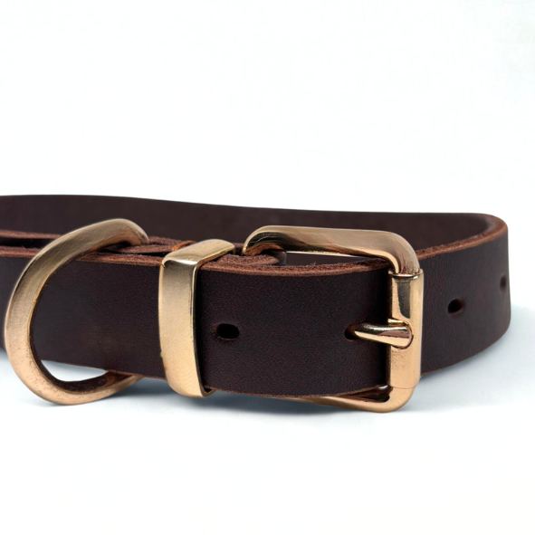 Nahaufnahme eines braunen Echtleder-Hundehalsbands mit goldfarbener Metallschnalle, D-Ring und Schlaufe auf weißem Hintergrund.